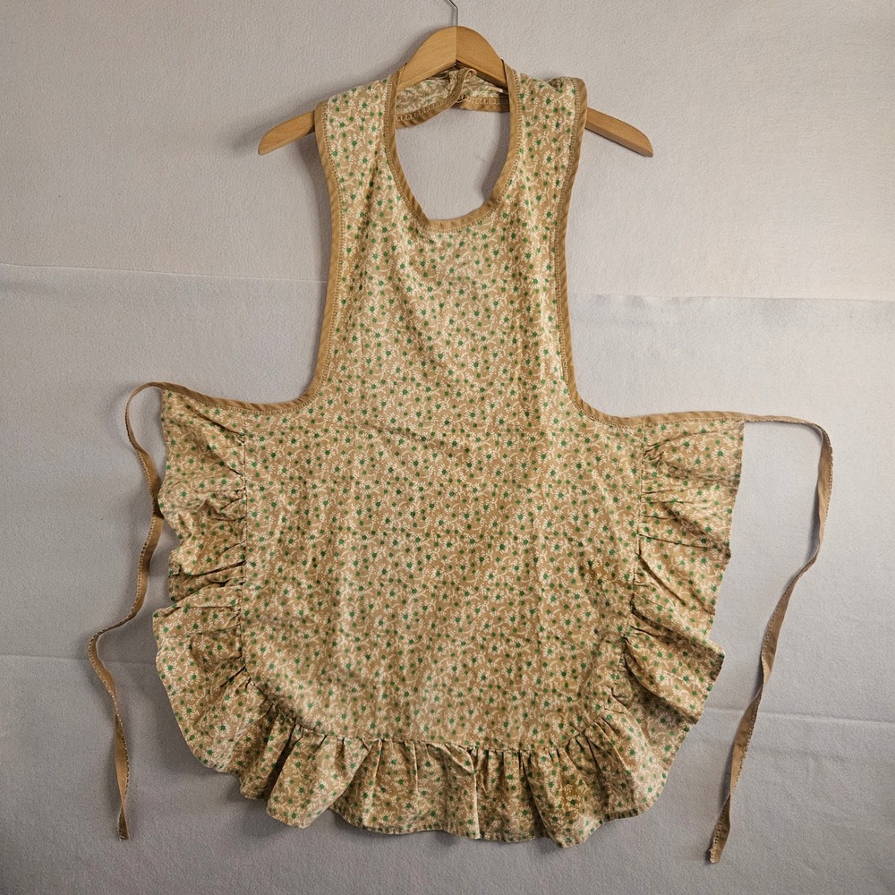 Vtg Handmade Floral Ruffle Apron Tan Green Cottagecore Halter Neck Full Apron